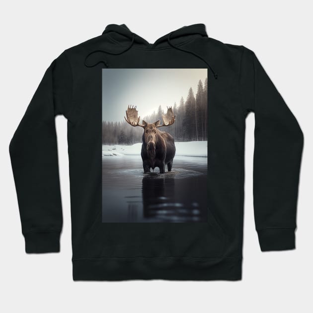 Serene Lake Reflection Nordic Winter Moose Minimalist Art Print Scandinavian Decor Hoodie by Abili-Tees